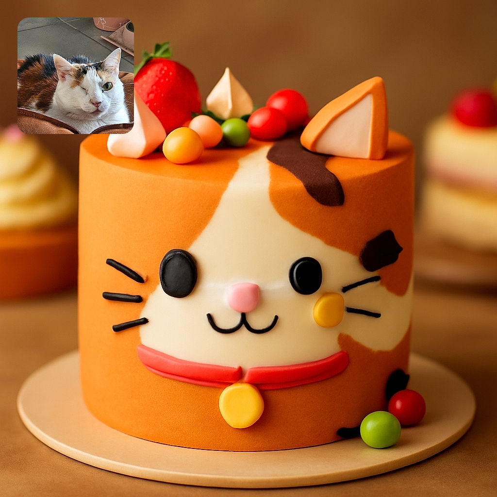 A charming calico cat with one eye winking playfully while resting comfortably on a brown cushion, with a bowl of food in the background adding a cozy home vibe.