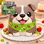 A happy, panting dog sporting a bright green bandana with ladybugs and bees, lounging comfortably on lush green grass with a softly blurred backyard in the background.