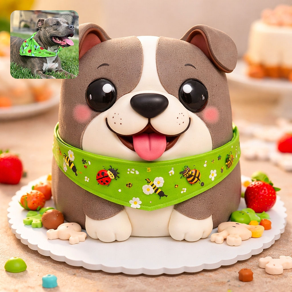 A happy, panting dog sporting a bright green bandana with ladybugs and bees, lounging comfortably on lush green grass with a softly blurred backyard in the background.