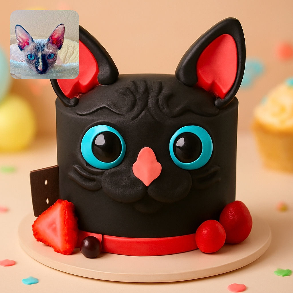 A striking close-up of a Sphynx cat with piercing blue eyes and large ears, nestled comfortably in a soft, fluffy blanket against a plain textured wall background.