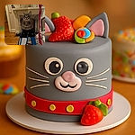A curious gray tabby cat sits perched on top of a blue step ladder in a cozy room decorated for the holidays, with a festive tablecloth and nutcracker figurines on the mantel, looking intently at the camera with wide eyes and an adorable pose.