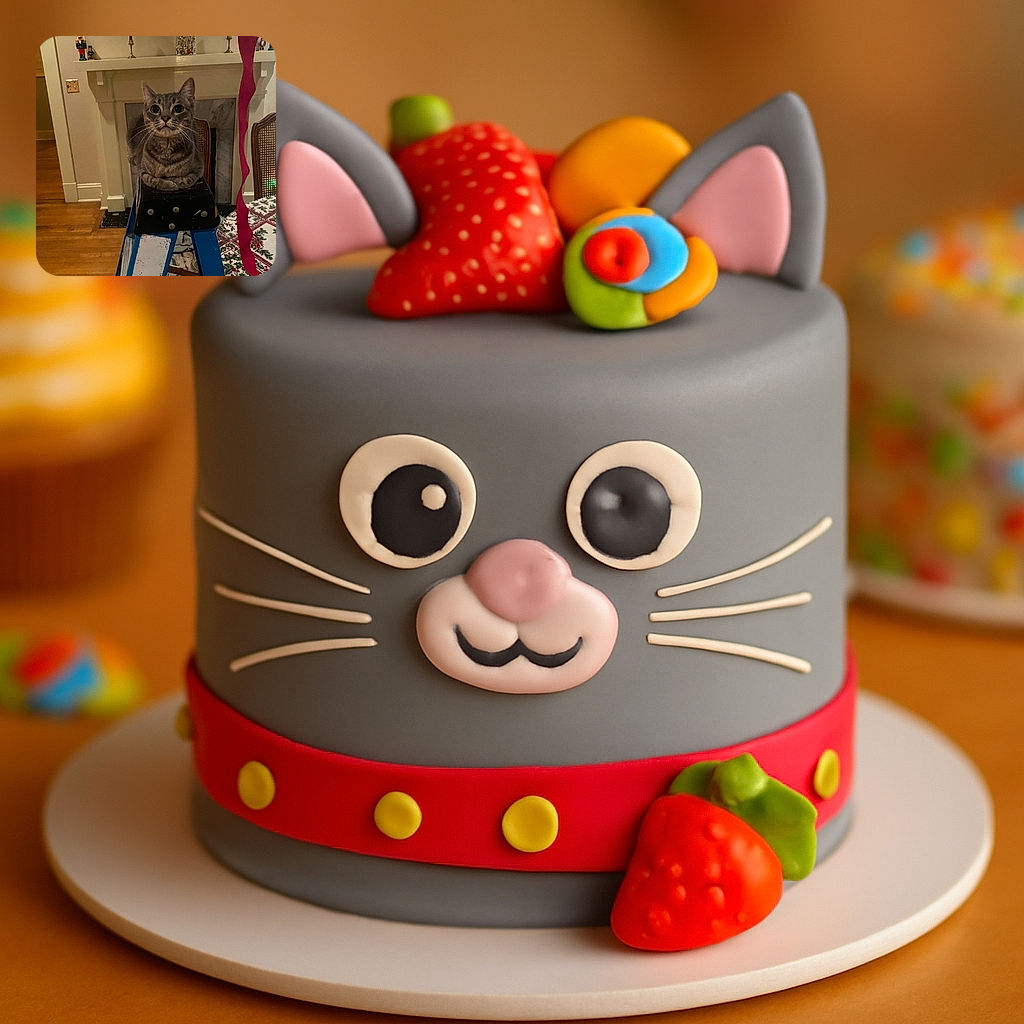 A curious gray tabby cat sits perched on top of a blue step ladder in a cozy room decorated for the holidays, with a festive tablecloth and nutcracker figurines on the mantel, looking intently at the camera with wide eyes and an adorable pose.