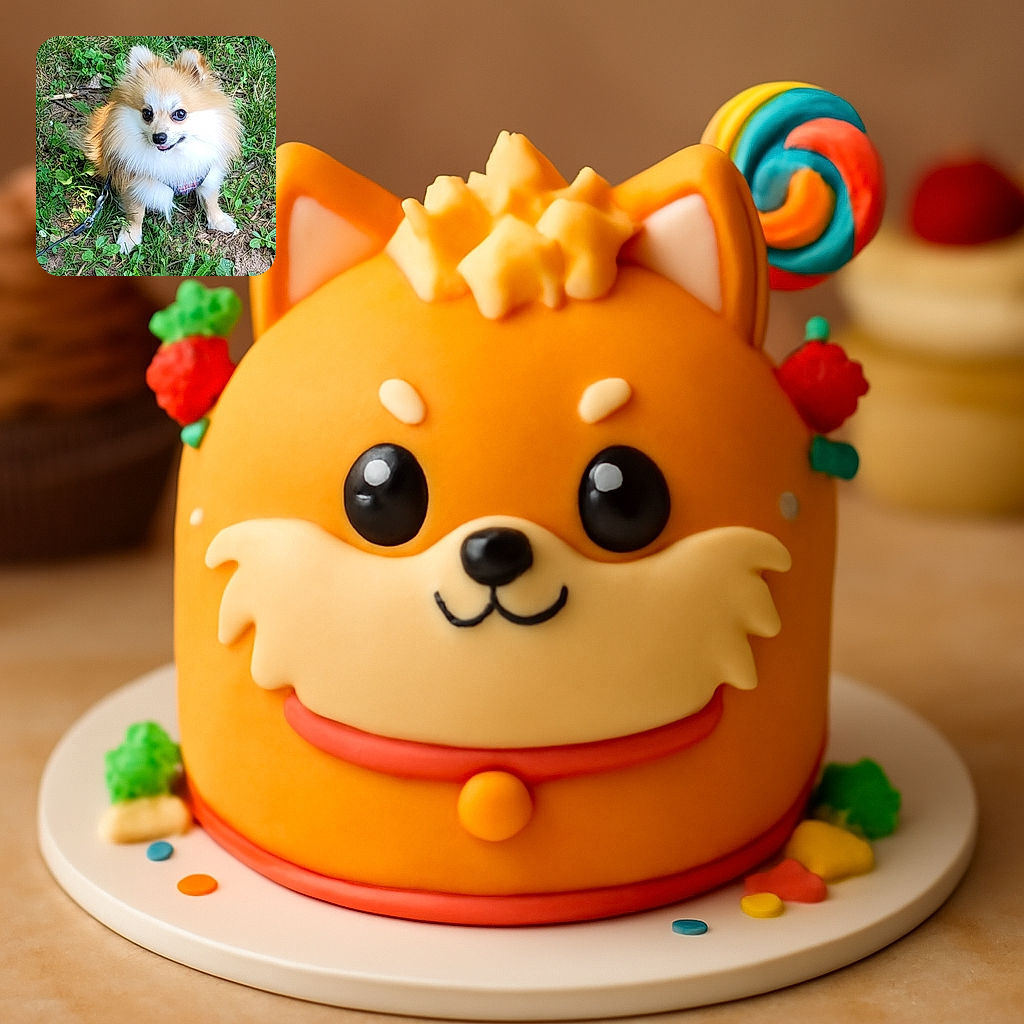 A fluffy Pomeranian dog with a mischievous grin sits adorably on a patch of green grass and dirt, its big eyes sparkling with curiosity and a tiny tongue peeking out, as if ready to steal your heart or maybe a snack.