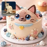 A fluffy cream-colored cat with striking blue eyes sits attentively on a doormat in front of a blue door, looking up as if pondering the mysteries of the universe or waiting for a snack.