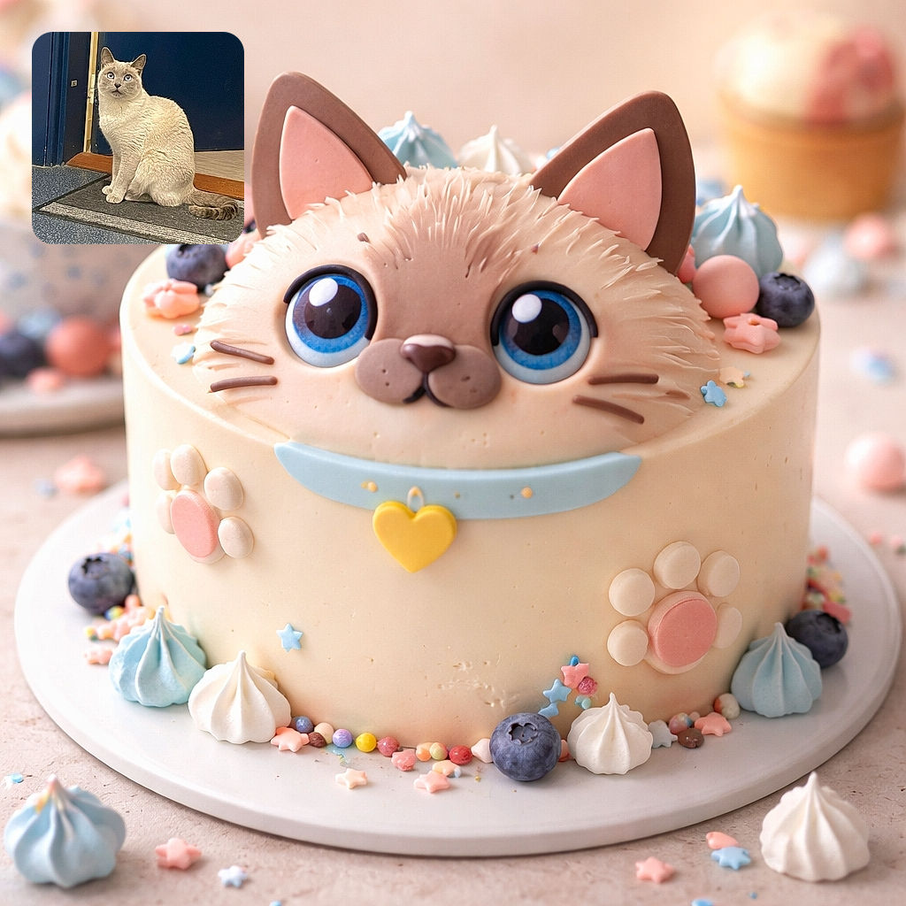 A fluffy cream-colored cat with striking blue eyes sits attentively on a doormat in front of a blue door, looking up as if pondering the mysteries of the universe or waiting for a snack.