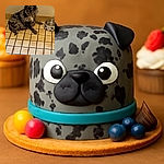A charming speckled dog lounges on a tiled floor next to an empty water bowl, looking up with curious eyes as if wondering when dinner will be served.