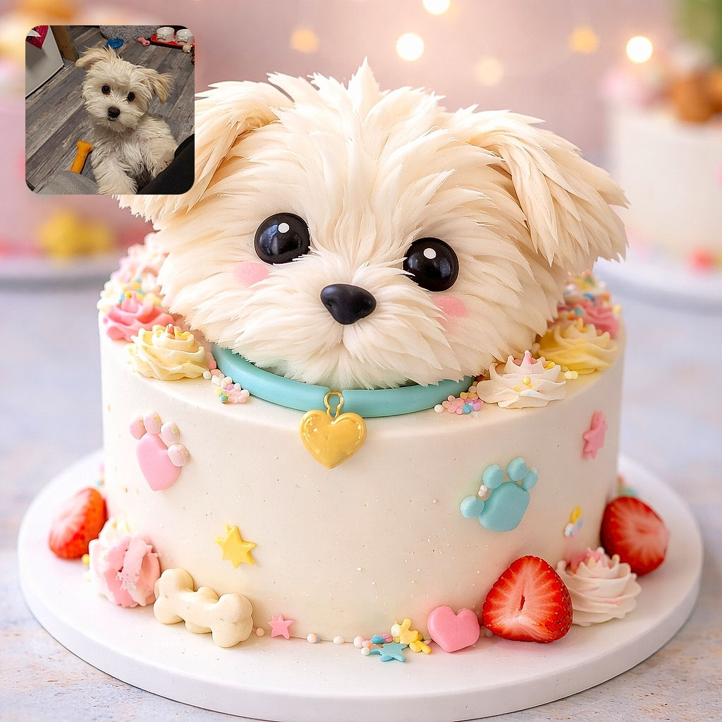 A fluffy white puppy gazes adorably at the camera with big dark eyes, one ear playfully flopped over. The pup is standing on a wooden floor near a bright orange bone toy, with pet bowls and other toys in the background, creating a cozy and playful home vibe.