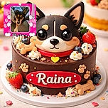 A smartphone screenshot of a social media post celebrating a dog's belated Gotcha Day with a bright pink festive frame, balloons, hearts, and the dog's photo in the center. The dog looks cozy and curious, lounging on a couch.