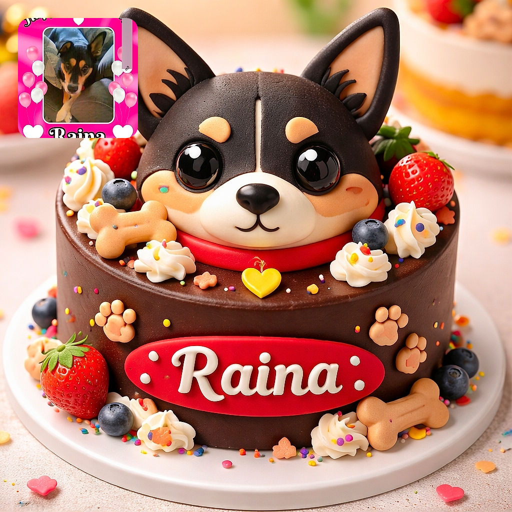 A smartphone screenshot of a social media post celebrating a dog's belated Gotcha Day with a bright pink festive frame, balloons, hearts, and the dog's photo in the center. The dog looks cozy and curious, lounging on a couch.