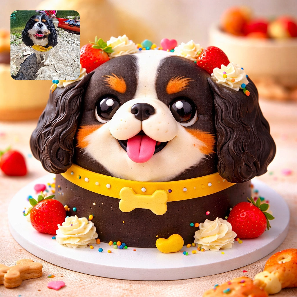 A sunlit, tongue-out spaniel in a bright yellow life jacket steals the show on a rocky riverbank — muddy paws, goofy grin, and a curious man with kayaks in the leafy background like extras in the dog's action movie.