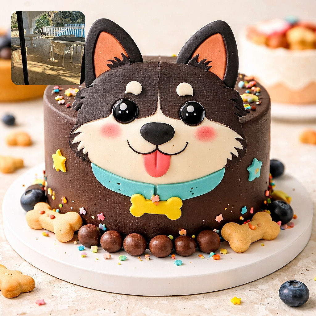 A curious dog prowls the sunlit patio beyond a glass sliding door, sniffing along the railing by the pool while plastic chairs and a round table bask in late afternoon shadows — the backyard version of window-shopping.