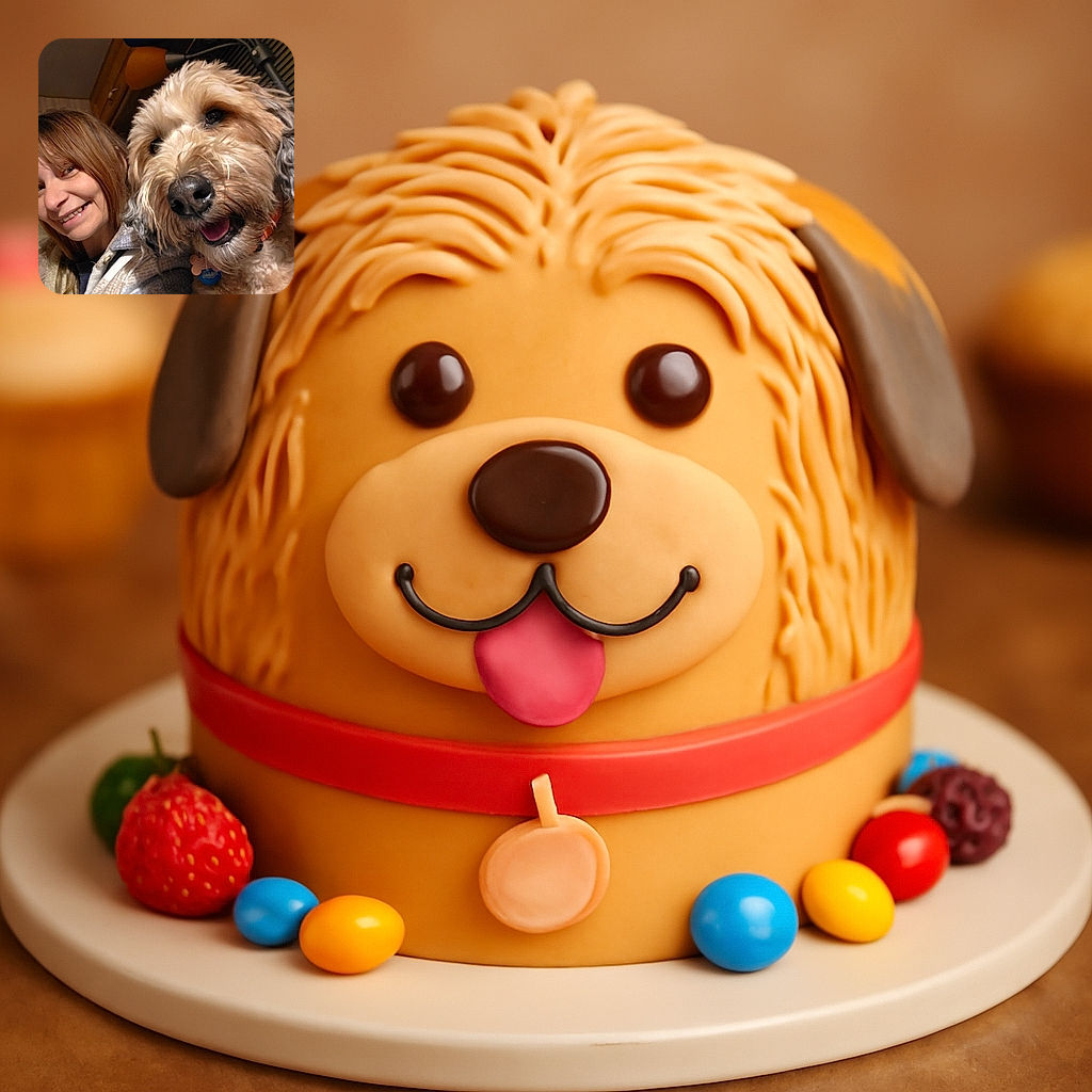 A cheerful selfie featuring a smiling person and a happy, fluffy dog up close, with warm indoor lighting and a colorful lamp in the background adding cozy vibes.