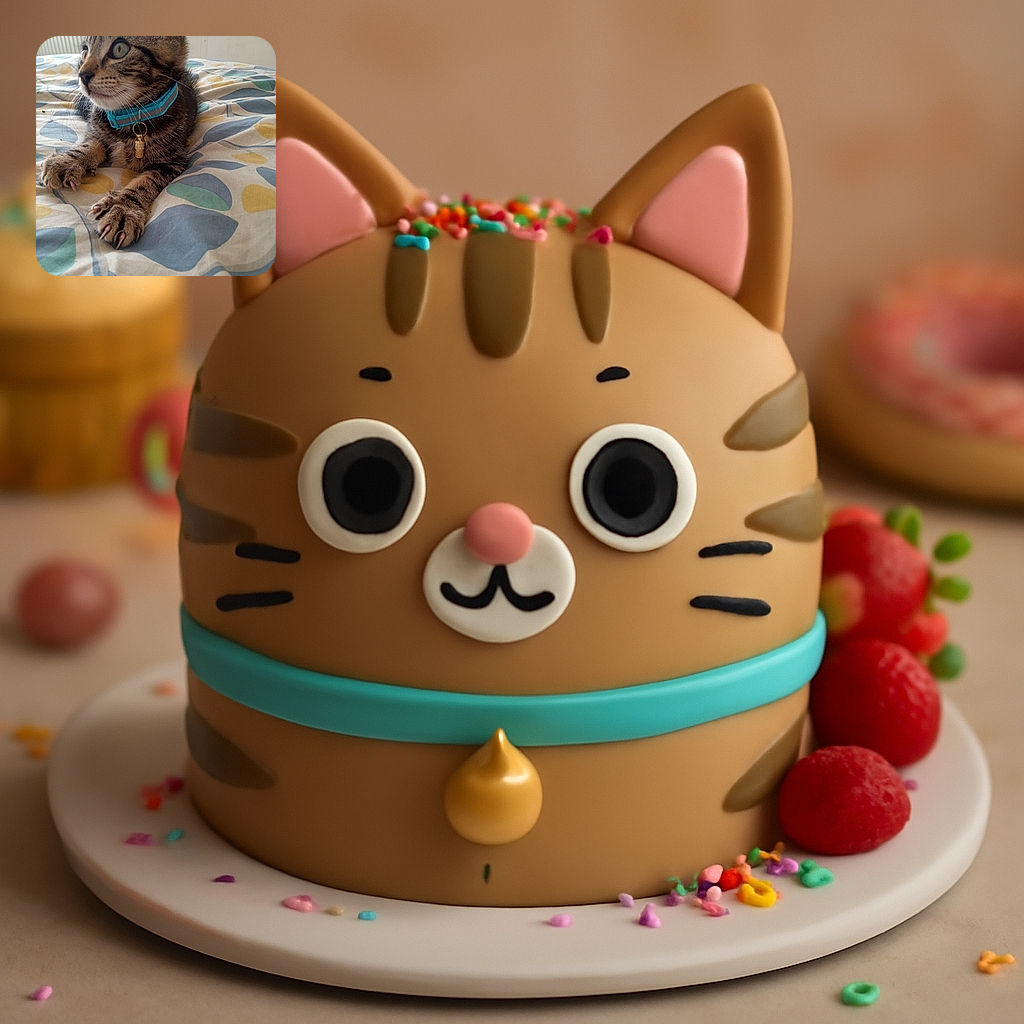 A curious tabby kitten with striking green eyes and a bright blue collar lounges on a colorful patterned bedspread, claws slightly extended as if ready to pounce or play, with soft natural light illuminating its fur.