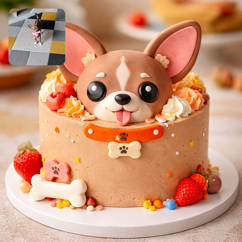 A tiny, determined chihuahua in an orange harness proudly holds a pink toy in its mouth, staring up with wide eyes as if to say "I found treasure" — standing on a funky yellow/gray checkered rug under the TV unit, plotting its next playful heist.