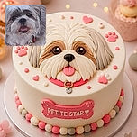 A fluffy little dog gazes at the camera with its tongue out, looking like it just delivered a heartfelt speech about snacks. The pup wears a red collar and sits against a textured stone background, while the narrow portrait framing gives it an adorably dramatic movie-poster entrance.