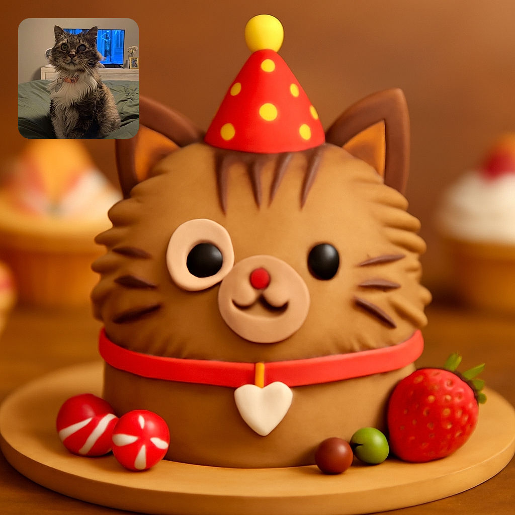 A fluffy, one-eyed cat with a cute collar sits attentively on a green bedspread, with a TV glowing blue in the background and a plate of food in the foreground, creating a cozy indoor scene.