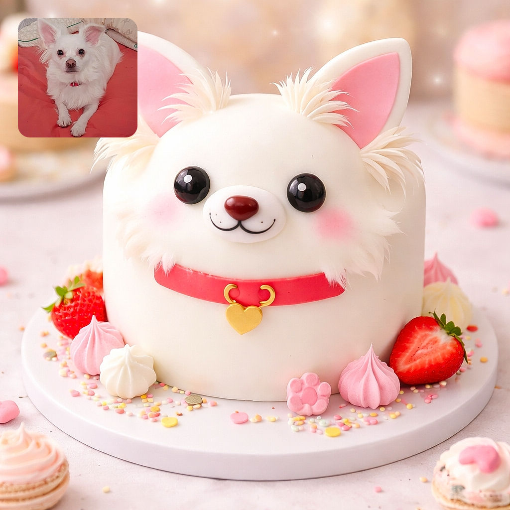 A fluffy white pup stares straight into the camera like it's waiting for a treat review—big ears, button nose, red collar, and a regal 'are you the treat person?' expression while lounging on a coral blanket.