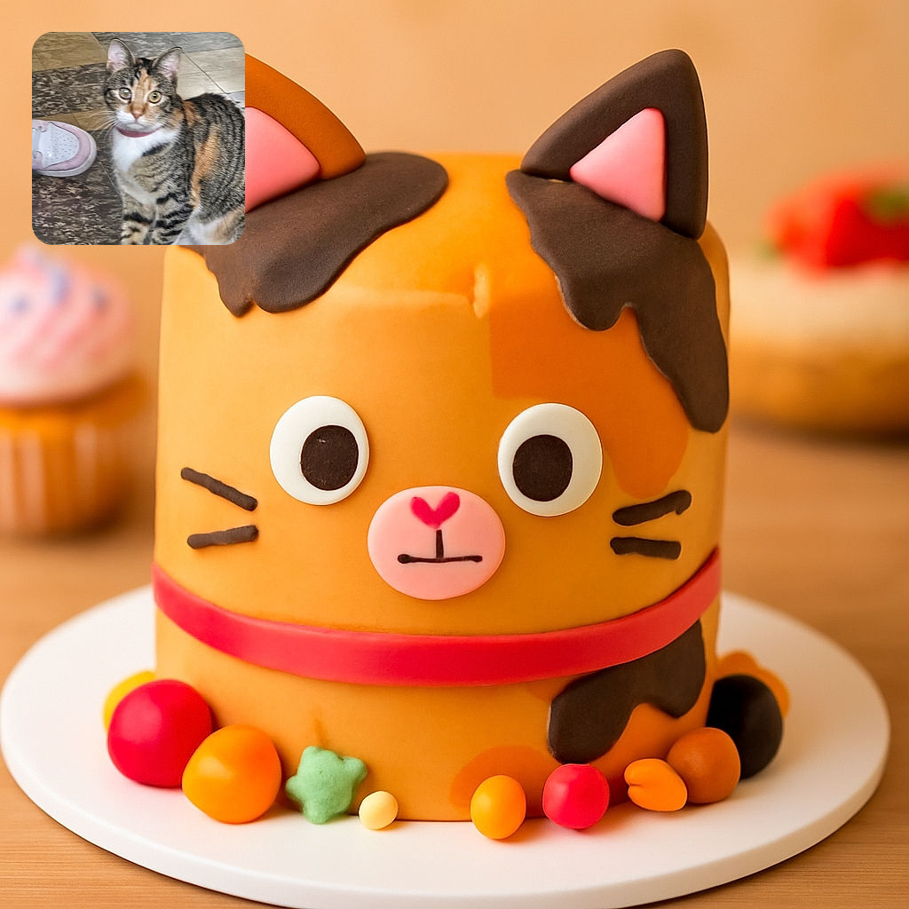 A slightly blurry photo of a curious tabby cat with a mix of orange, black, and white fur sitting on a patterned floor next to a pink and white sneaker. The cat looks directly at the camera with wide eyes, creating a charming but unfocused snapshot.