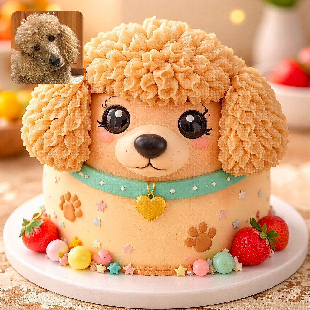 An apricot poodle giving the ultimate head-tilt of curiosity — curls piled like a fluffy cloud, soulful eyes and a shiny snoot, posing dramatically against kitchen cabinets as if auditioning for 'Dog of the Year.'