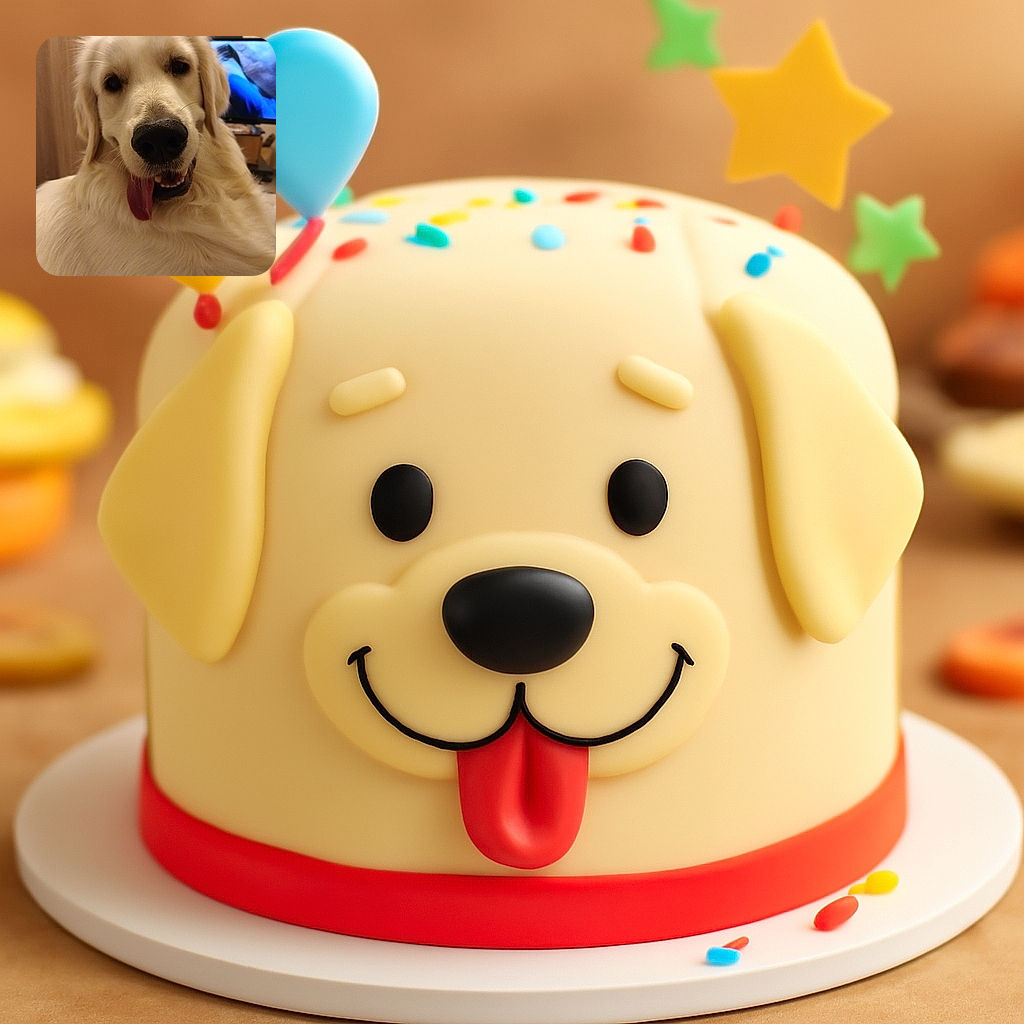 A close-up of a happy golden retriever with its tongue playfully hanging out, looking like it's ready for a treat or a game, with a cozy indoor background featuring a TV and furniture.
