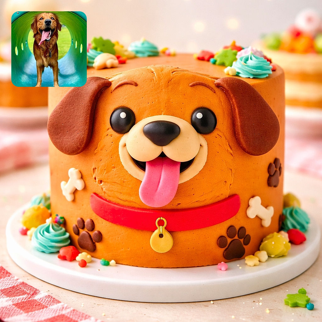 A happy golden retriever stands inside a vibrant turquoise tunnel with its tongue playfully hanging out, looking like it's just conquered an obstacle course or found the ultimate doggy playground. The background is a soft blur of green grass and blue sky, making the dog's joyful expression the star of the show.