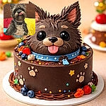 A scruffy little dog sits proudly on a bed, tongue dramatically flopped out like it just told a hilarious secret. Colorful pillows and a wooden headboard frame the scene while the dog’s collar and tag add a touch of seriousness to the otherwise goofy expression.