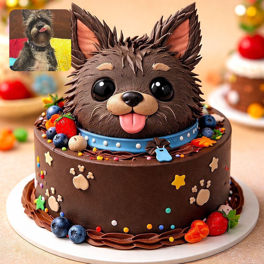 A scruffy little dog sits proudly on a bed, tongue dramatically flopped out like it just told a hilarious secret. Colorful pillows and a wooden headboard frame the scene while the dog’s collar and tag add a touch of seriousness to the otherwise goofy expression.