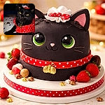 A very unimpressed black cat channeling diva energy in a red polka-dot dress and a gold bee pendant — yellow eyes glowing like tiny lanterns while it tolerates fashion for the photo. A couple of rings lie nearby on the bed as if offering tribute; the cat accepts in silent, judging grace.