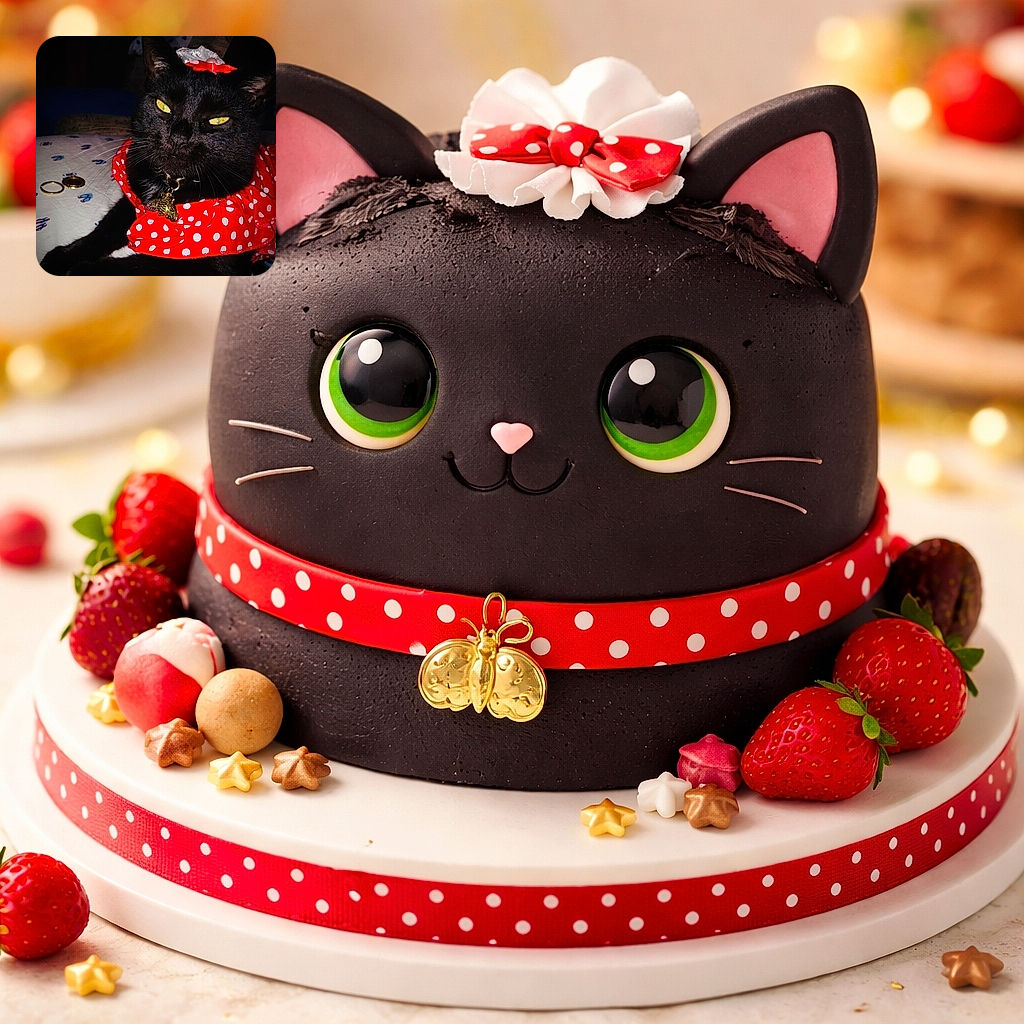 A very unimpressed black cat channeling diva energy in a red polka-dot dress and a gold bee pendant — yellow eyes glowing like tiny lanterns while it tolerates fashion for the photo. A couple of rings lie nearby on the bed as if offering tribute; the cat accepts in silent, judging grace.