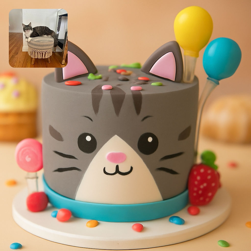 A fluffy tabby cat with white paws and chest lounges elegantly on a small, fringed stool. The cat gazes curiously towards the camera, while the polished wooden floor and a shiny mirrored surface add a cozy, stylish indoor vibe.