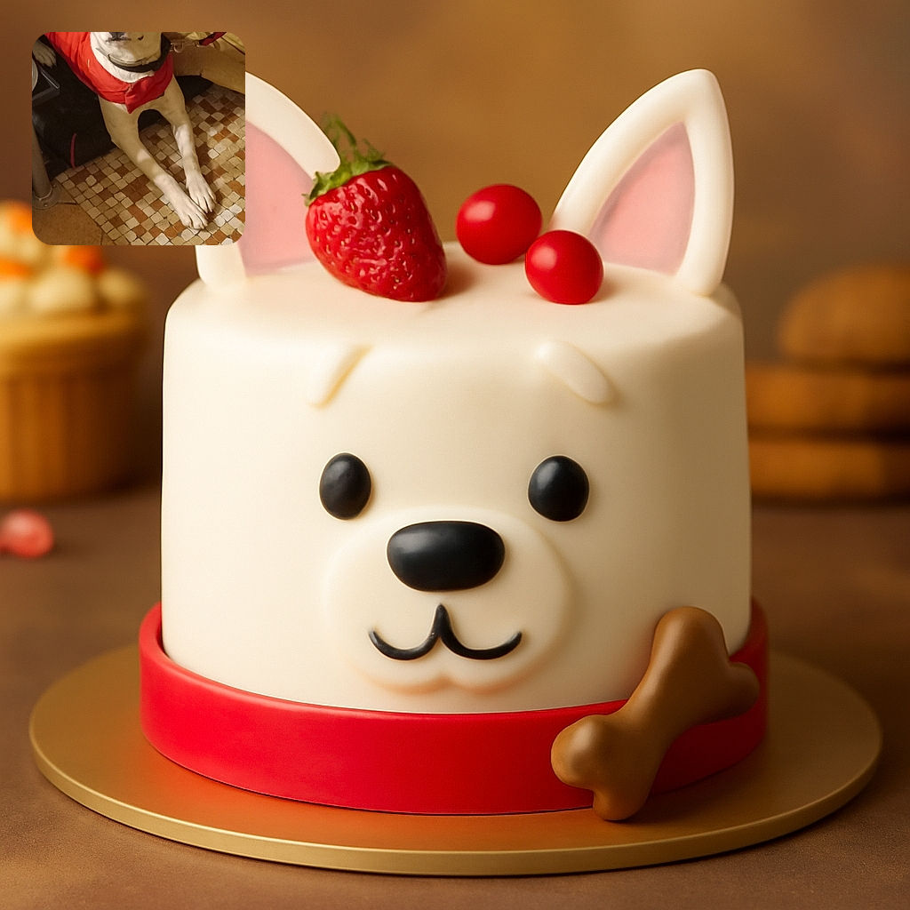 A white dog wearing a bright red jacket is lying on a tiled floor next to a yellow cushion. The dog looks calm and attentive, with its ears perked up, ready for an adventure or maybe just a cozy nap.