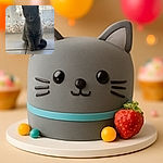 A sleek gray cat sits patiently on a tiled floor, framed by a softly lit window with delicate lace curtains in the background, giving the scene a cozy and serene vibe.