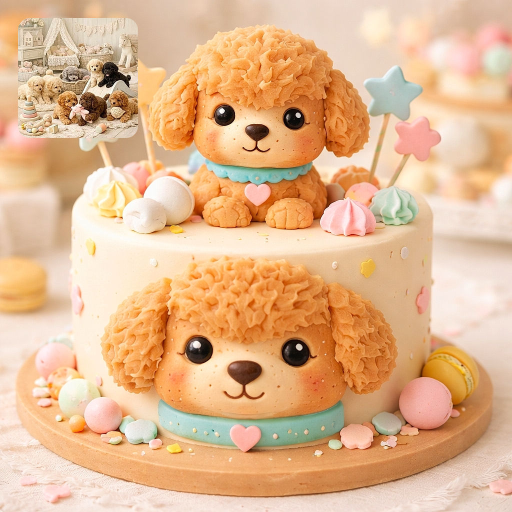 A delightful group of fluffy puppies of various colors lounging and playing in a cozy, pastel-colored nursery filled with soft toys, wicker baskets, and a wooden rocking horse, creating an irresistibly cute and heartwarming scene.