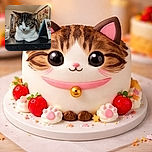 A cozy tabby cat with white paws sits on a dark countertop, eyes half-closed in a relaxed, sleepy pose. The background shows a warm, homey interior with a framed floral painting and a small calendar standing upright, adding a touch of everyday life charm.