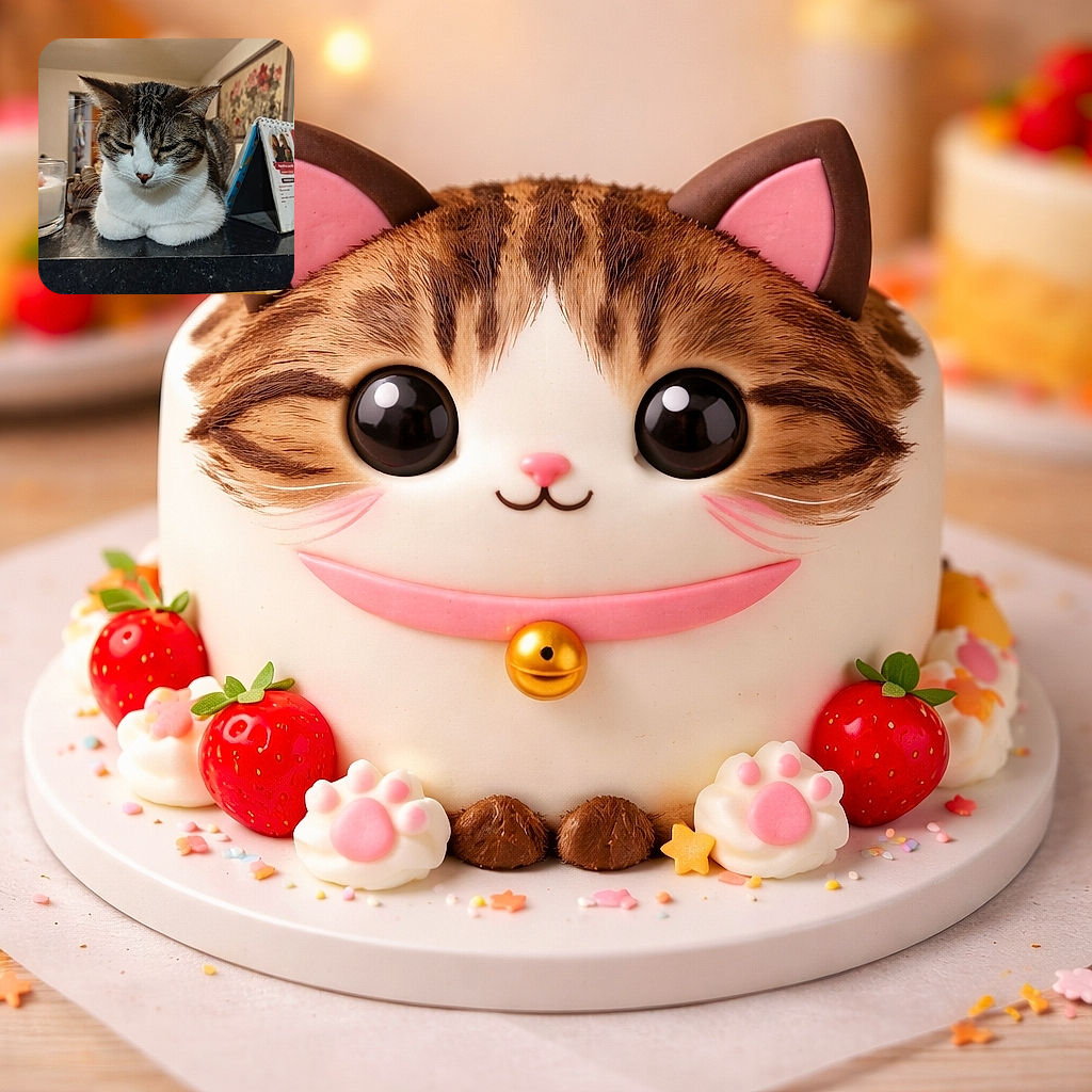 A cozy tabby cat with white paws sits on a dark countertop, eyes half-closed in a relaxed, sleepy pose. The background shows a warm, homey interior with a framed floral painting and a small calendar standing upright, adding a touch of everyday life charm.