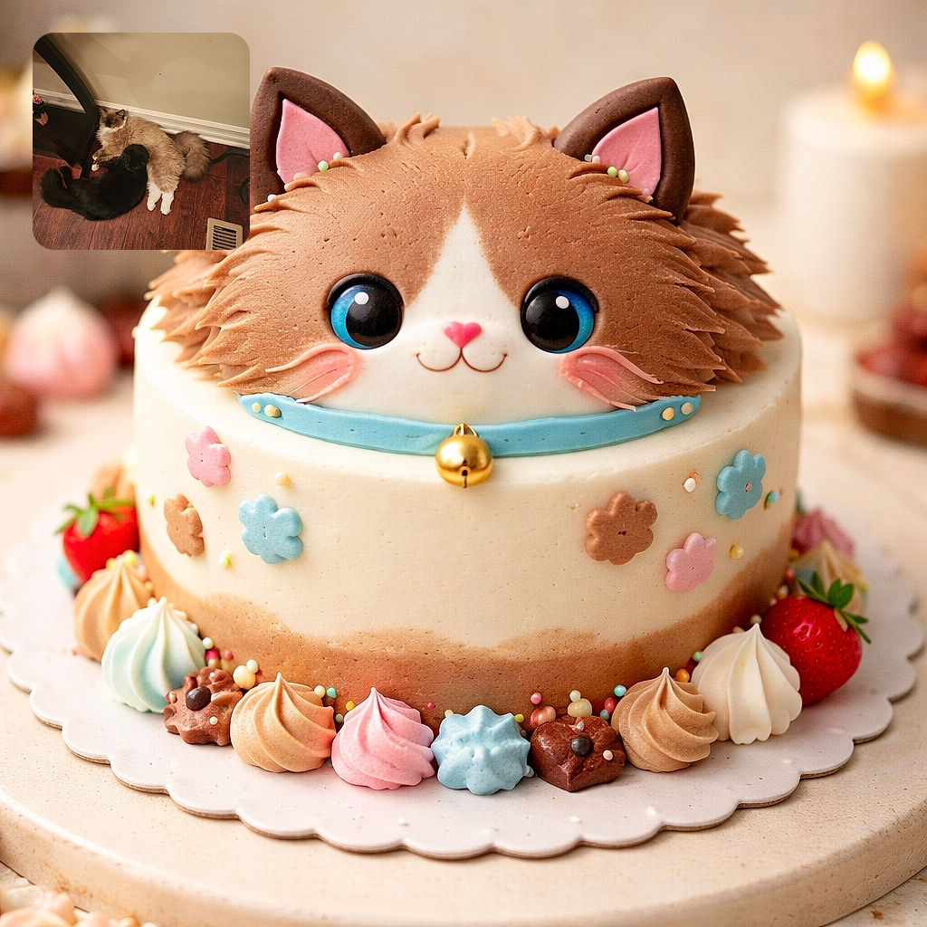 Two cats tangled like a furry yin-yang — a fluffy cream-and-white cuddle-boss and a sleek black nap-sock curled up together on warm hardwood beside a vent and table leg. Pure domestic bliss and maximum snooze energy.