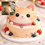 A chubby, light orange tabby cat lounges comfortably on a patterned cushion, looking curiously at the camera with wide eyes. The cozy setting includes a greenish pillow and a white bag with text partially visible in the background, creating a relaxed home vibe.