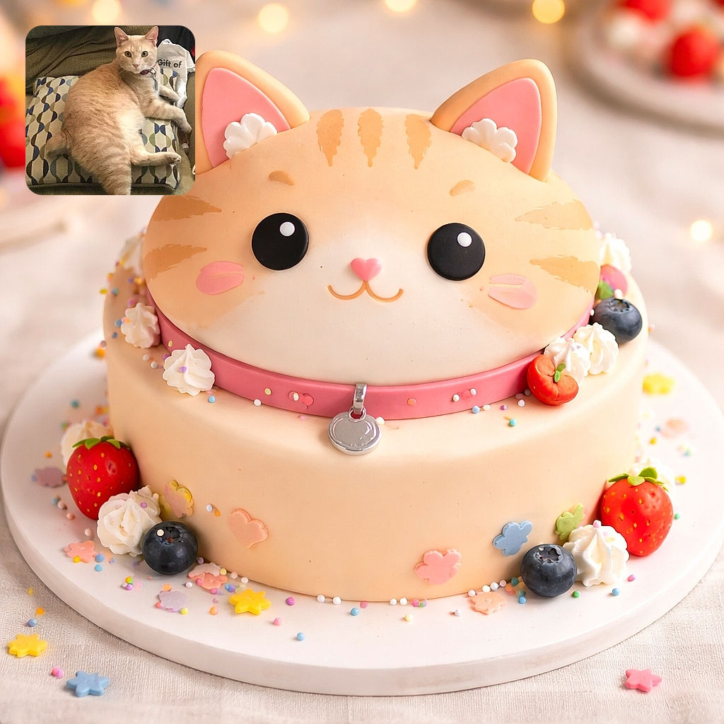 A chubby, light orange tabby cat lounges comfortably on a patterned cushion, looking curiously at the camera with wide eyes. The cozy setting includes a greenish pillow and a white bag with text partially visible in the background, creating a relaxed home vibe.