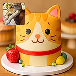 A relaxed orange and white cat stretches its paw over a person's arm while lounging on a patterned bedspread, looking off thoughtfully into the distance with cozy bedding and a warm indoor setting in the background.