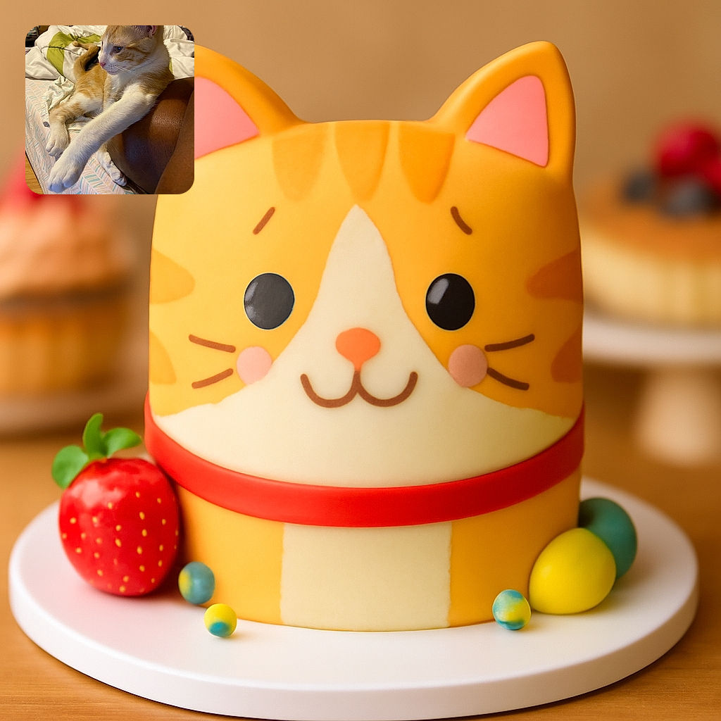 A relaxed orange and white cat stretches its paw over a person's arm while lounging on a patterned bedspread, looking off thoughtfully into the distance with cozy bedding and a warm indoor setting in the background.