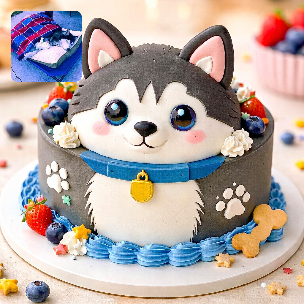 A cozy husky dog is snuggled up on a cushioned bed outdoors, tucked in under a colorful red and blue plaid blanket with a small stuffed toy by its side, looking comfortably relaxed on a concrete patio next to a dark wicker table and chair.