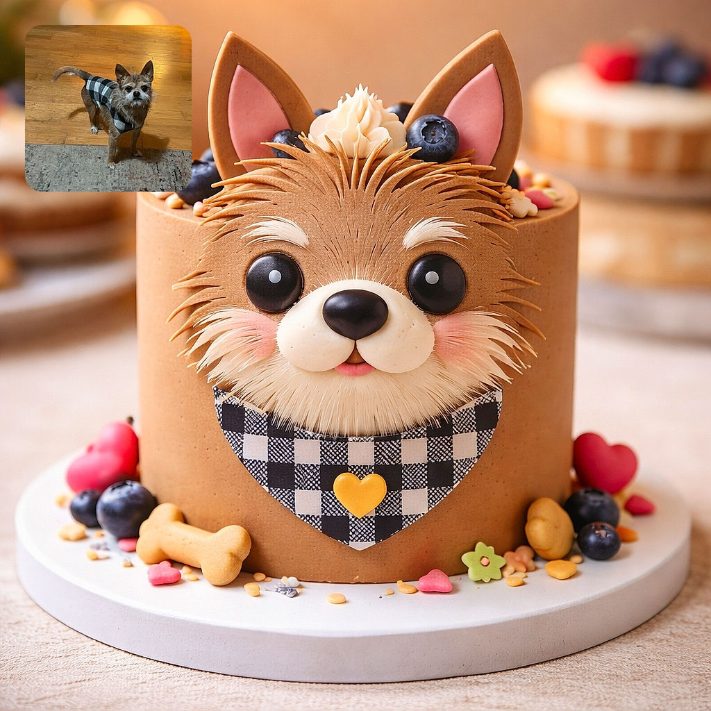 A small scruffy dog in a black-and-white plaid sweater stands on a hardwood floor looking up with wide, earnest eyes as if asking for treats — ears perked, whiskers bristling, and a shadow stretching behind. Cozy indoor scene with a rug in the foreground and warm lighting.
