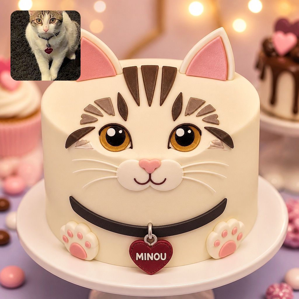 A wide-eyed tabby-and-white kitten sits proudly on a dark carpet, wearing a heart-shaped tag like a tiny furry celebrity who is absolutely ready for its close-up.