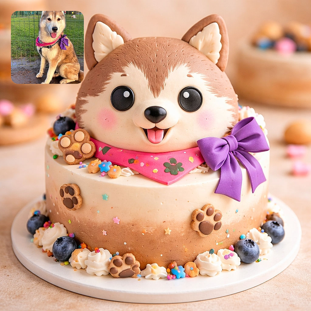 A cheerful husky sits like royalty in front of a wire fence, tongue out and wearing a pink bandana with a purple bow — muddy paws and all — as if proudly presenting the results of an enthusiastic park adventure.