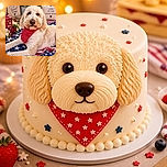 A fluffy cream-colored dog sits proudly on a star-spangled quilt, wearing a red bandana and giving the camera the solemn expression of a patriotic ambassador. Flowers, flags, a lantern, and cheerful “good dogs” décor turn the scene into a full-blown canine Fourth of July campaign rally.