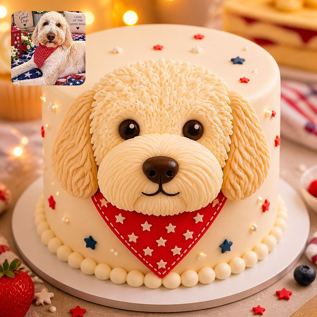 A fluffy cream-colored dog sits proudly on a star-spangled quilt, wearing a red bandana and giving the camera the solemn expression of a patriotic ambassador. Flowers, flags, a lantern, and cheerful “good dogs” décor turn the scene into a full-blown canine Fourth of July campaign rally.
