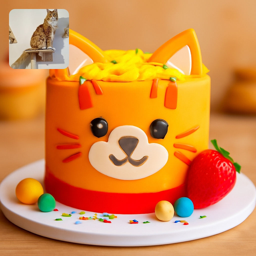 A majestic fluffy orange and white cat sits regally on a wooden cat tree platform, striking a pose that screams 'I own this castle.' The cozy indoor setting and neutral wall backdrop highlight the cat's luxurious fur and curious gaze.