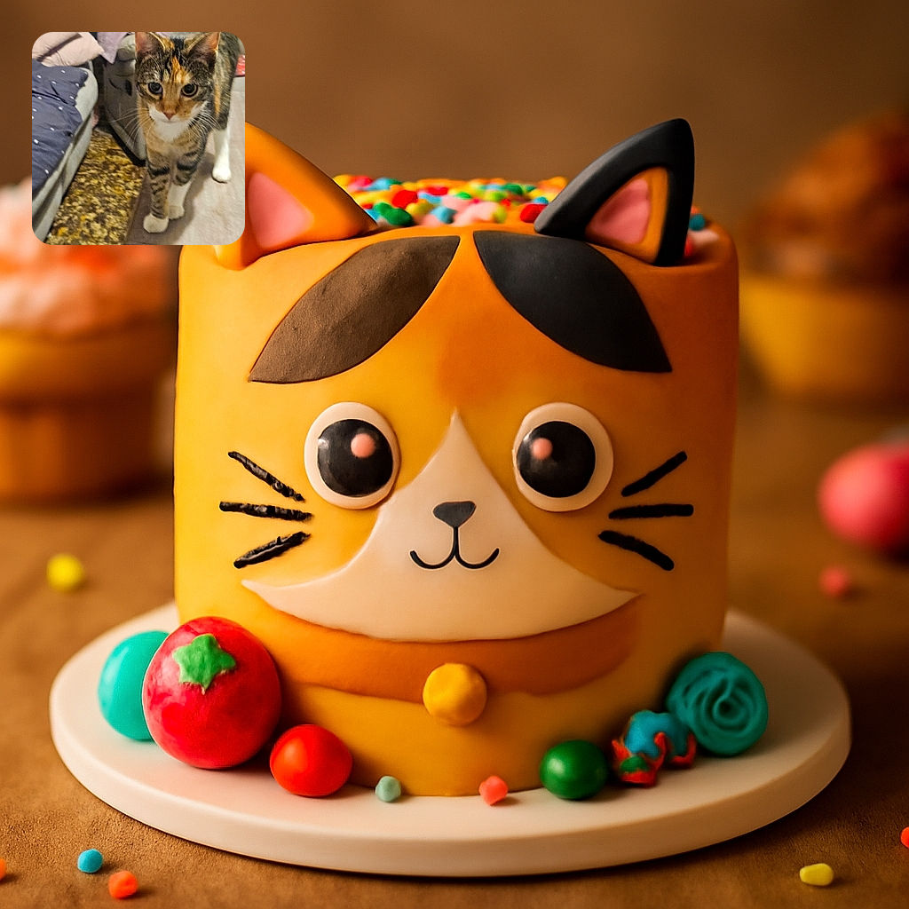 A curious tabby cat with white paws is strolling on a wooden table, surrounded by cozy living room furniture and a patterned carpet, looking intently at the camera with wide eyes.