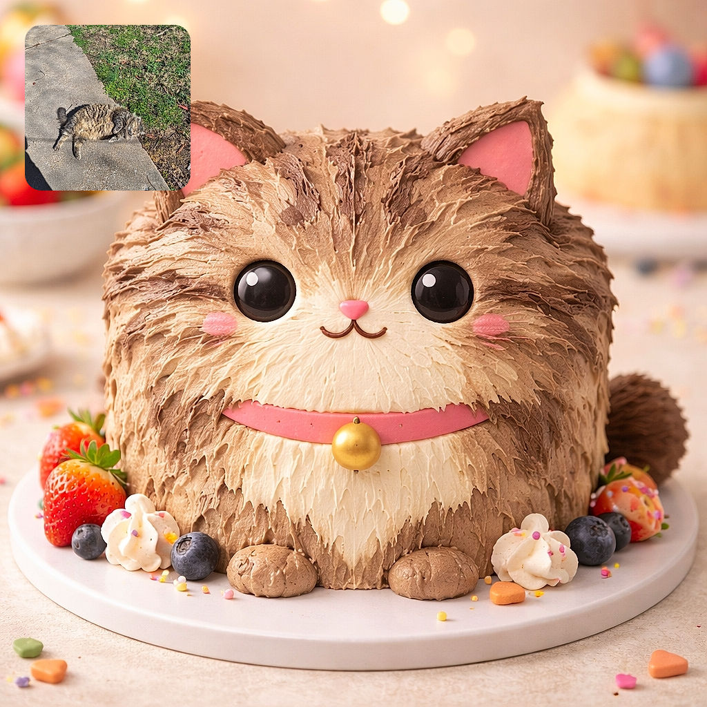 A fluffy tabby cat is basking like a tiny, furry sun worshiper—rolled on its side across the sidewalk with eyes nearly shut, toes splayed, and a belly that looks professionally soft. The scene is sunny, simple, and very pleased with itself.