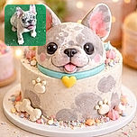 A cute French Bulldog puppy with a speckled face looks up eagerly with bright eyes and a slightly open mouth, standing on a green textured surface with a softly blurred background.